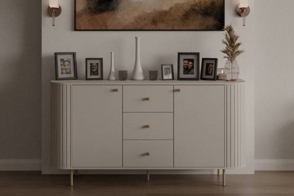 Komoda OVALIO – Nowoczesna Elegancja w Kolorze Dąb Cremona/Beż Piaskowy