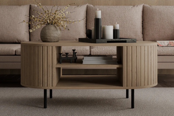 Stolik Kawowy OVALIO – Nowoczesny Design w Kolorze Beż Piaskowy/Dąb Cremona